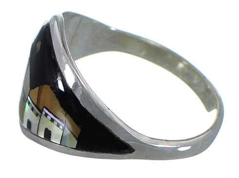 Multicolor Inlay Silver Native American Village Design Ring Size 7-1/2 AX52573
